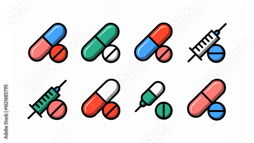 Diverse set of colorful pharmaceutical icons featuring capsules, syringes, and pills, some with prohibition symbols, against a clean white background.