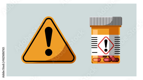 Flat design vector graphic depicting a universal warning symbol and a pharmaceutical container with a danger label