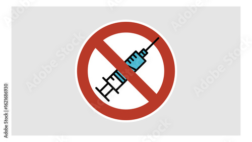 Flat vector illustration of a red prohibition sign over a medical syringe, symbolizing no injections, vaccine refusal, or a ban on medical procedures.