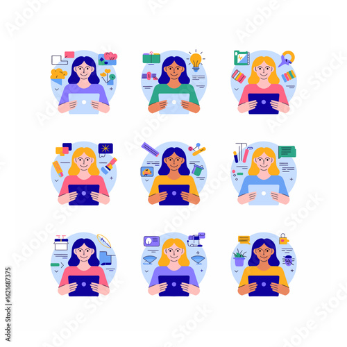Illustrations of diverse young women using digital tablets, surrounded by icons representing various digital, creative, and professional activities.