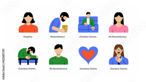 Illustrations depicting the societal impact of drug overdose victims, exploring themes of empathy, remembrance, and the lack thereof.