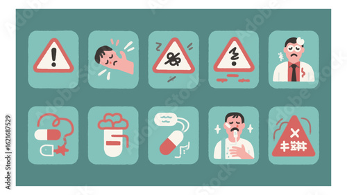 Illustrative warning signs and medical issues array depicting common health problems, adverse drug effects, and patient distress.
