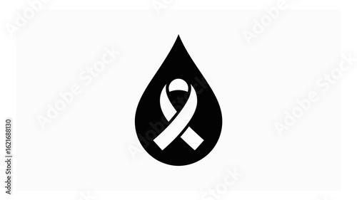 Minimalist vector graphic of a black teardrop or blood drop with a white awareness ribbon, representing global health issues.