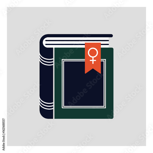 Minimalist vector illustration of a closed book with a female gender symbol bookmark representing women's literature and knowledge.