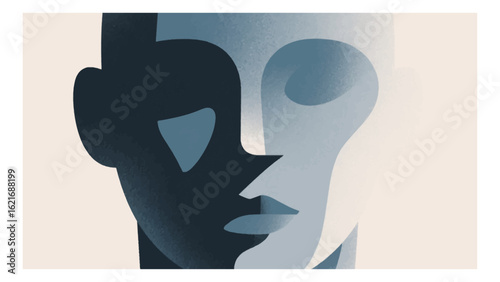 Modern abstract illustration depicting a human face split by light and shadow, exploring themes of identity and emotion
