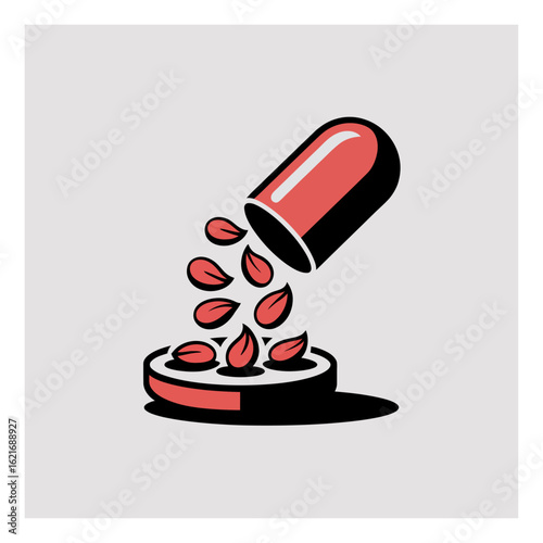 Stylized red capsule spilling organic leaf shapes into a specialized round dish, illustrating natural health and botanical extracts