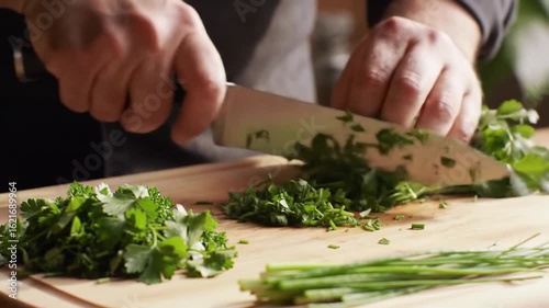 Close-Up of a Chef's Hands Skillfully Chopping Fresh Parsley with a Knife on a Wooden Cutting Board.