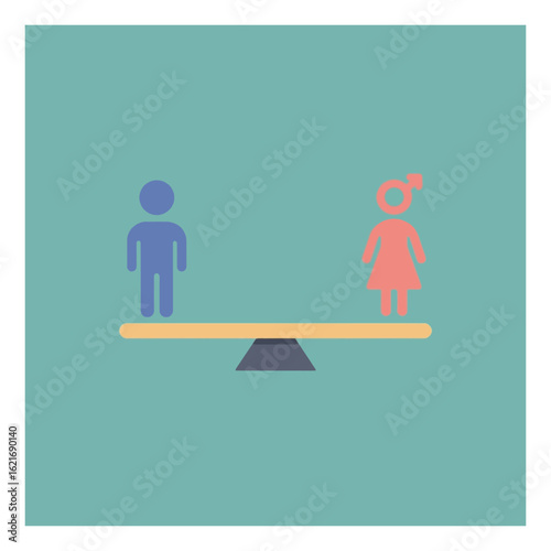 Symbolic illustration representing gender equality and balance with male and female figures on a perfectly level seesaw