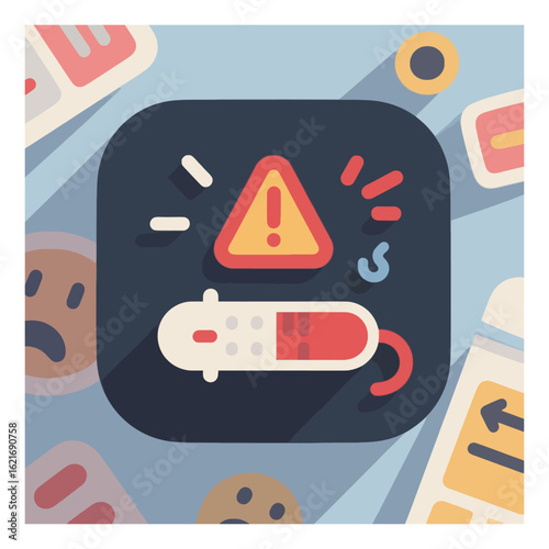 Vector illustration of a crucial system error warning icon displaying an alert triangle and a progress bar indicating a critical status condition