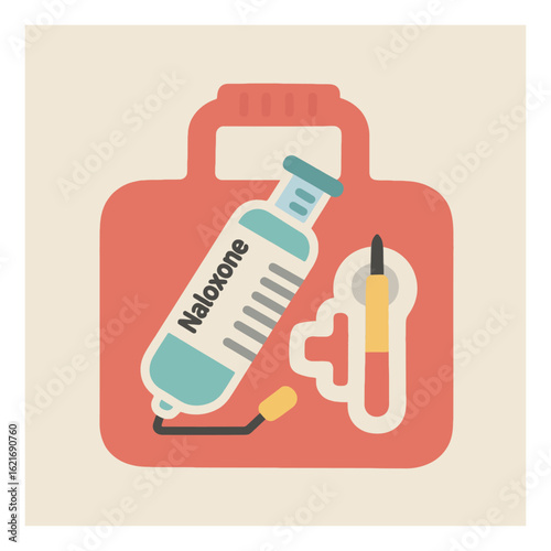 Vector illustration depicting a Naloxone overdose reversal kit with a labeled syringe inside a red emergency medical case.