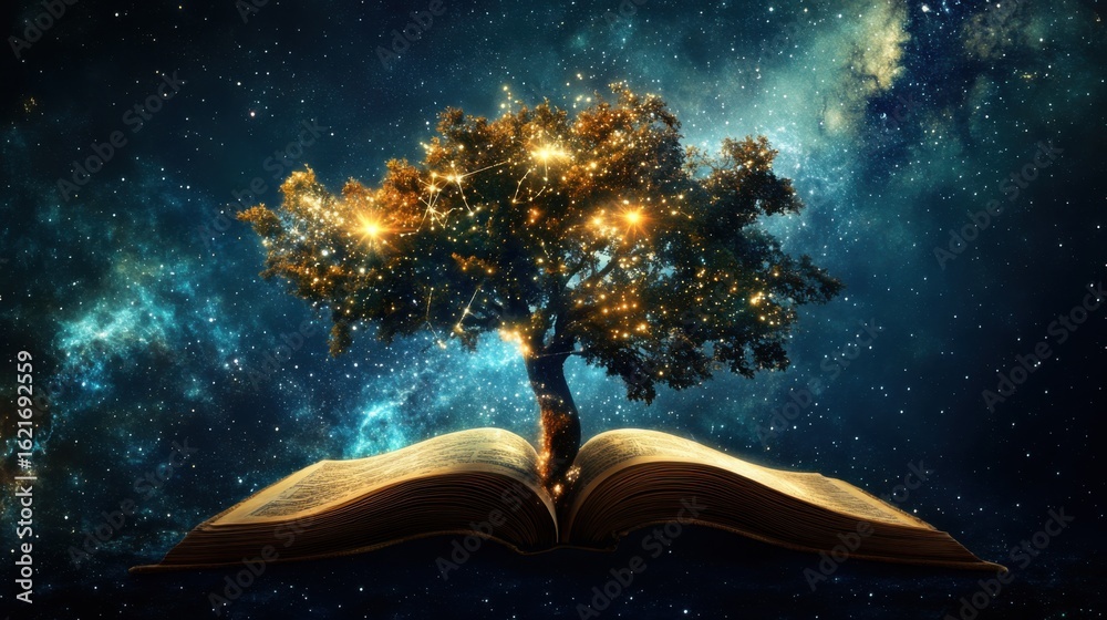 Naklejka premium Illuminated tree stands sentinel over an open book against a night sky.