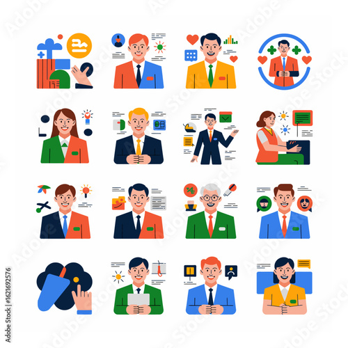 Vibrant vector illustrations of diverse business professionals and corporate concepts, highlighting communication, strategy, and teamwork in a modern flat design style.