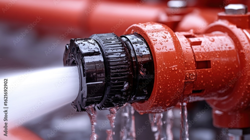 Fototapeta premium Close-up of a leaking red fire hose nozzle