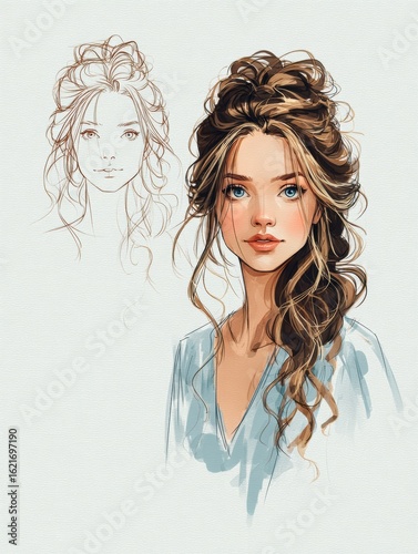 Layered Hair Tutorial Sketches on Clean Blue-White Background Featuring Detailed Hairstyle Designs and Techniques for Various Hair Types