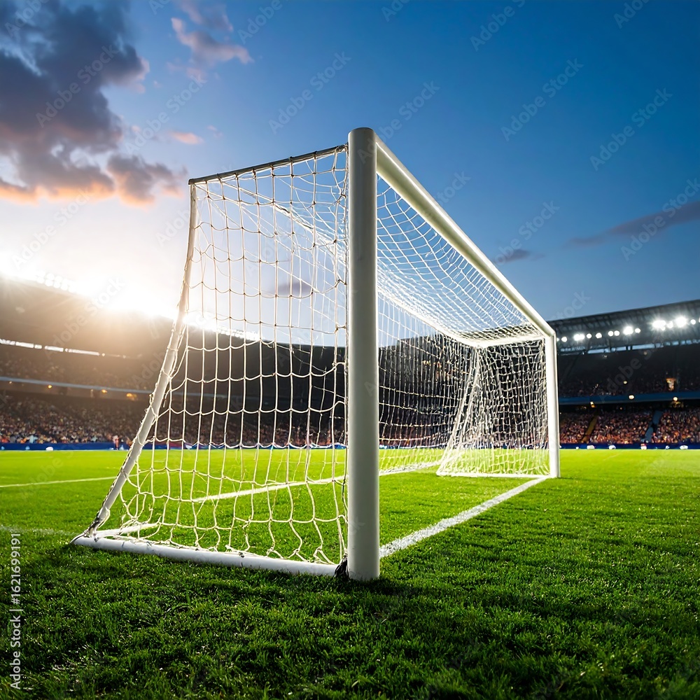 Fototapeta premium Soccer goal in stadium at sunset