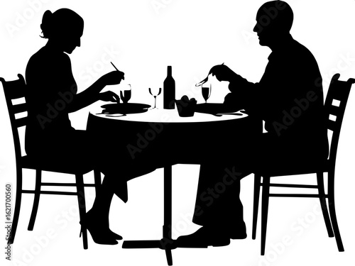 A top-down silhouette view of two people eating at a circular table.
The woman, with a bun, is seated at the top left and the bald man at the bottom right. Both are using utensils, and the table featu