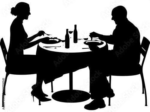 A top-down silhouette view of two people eating at a circular table.
The woman, with a bun, is seated at the top left and the bald man at the bottom right. Both are using utensils, and the table featu