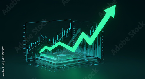 Abstract concept of business growth and success with a futuristic financial data graph and an upward arrow