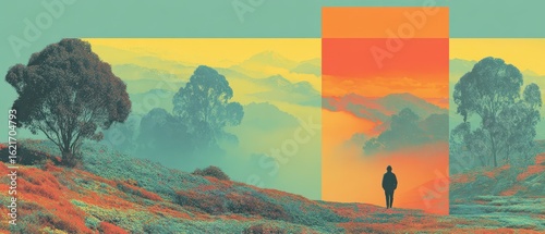 Fototapeta Naklejka Na Ścianę i Meble -  Colorful landscape with a figure exploring nature