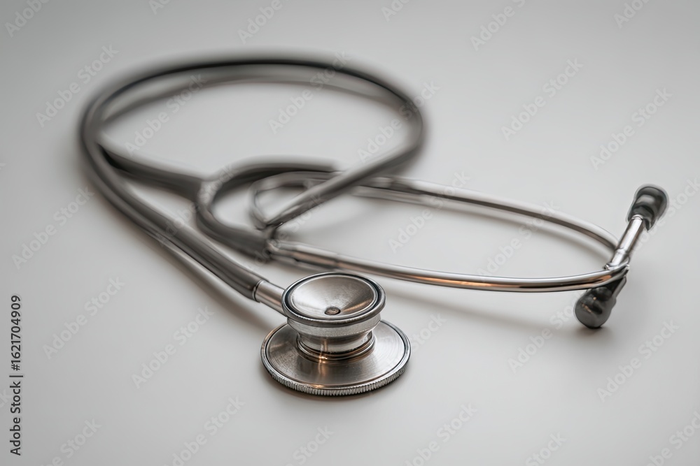 Medical stethoscope, gray and silver, on a plain white surface Medical stethoscope, gray and silver, on a plain white surface