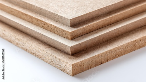 Stack of Unfinished MediumDensity Fiberboard (MDF) Boards, CloseUp View on White Surface
