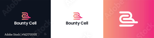 Abstract logotype design featuring a dynamic letter B monogram. Modern branding symbol shown on dark, white, and gradient backgrounds.