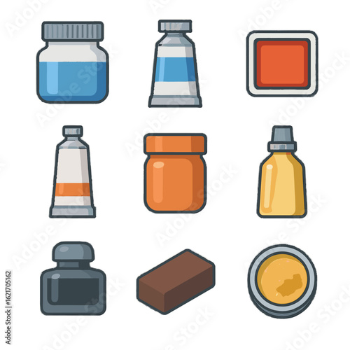 Grid block cap mediums icon metallic tube jar tempera pan paint vector