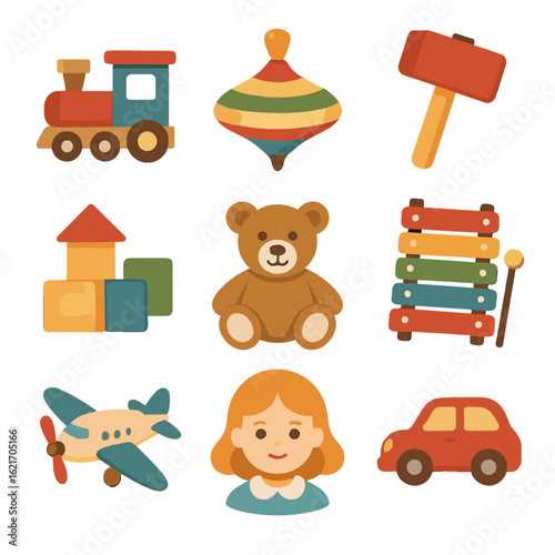 Car train blocks workshop icons icon teddy bear xylophone top vector toy