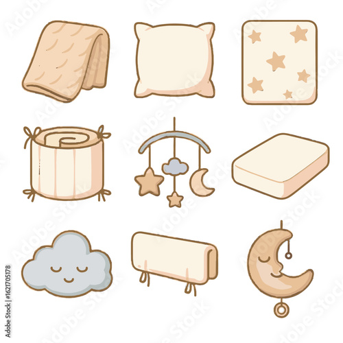 Set hanging accessories vector icon rail bumper cover cloud cozy crib sheet
