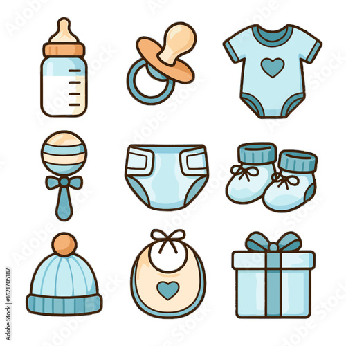 Baby box bib onesie booties essentials gift icon bottle vector pacifier shower