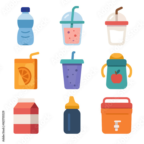 Icons smoothie picnic icon vector pouch mini fruit milk straw drink bottle