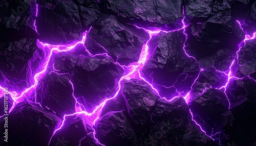 Cracked Black Rock with Glowing Purple Lightning Fissures – Dramatic Background

