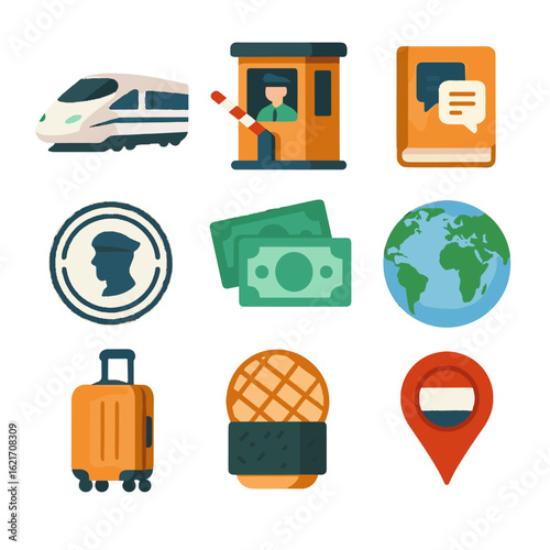Stamp adventure map snack flag currency pin icon bullet checkpoint international vector