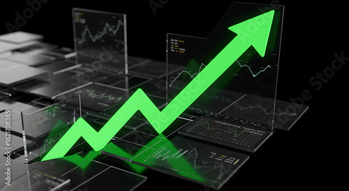 Technological interface with stock market data and a green arrow symbolizing financial growth and successful investment.