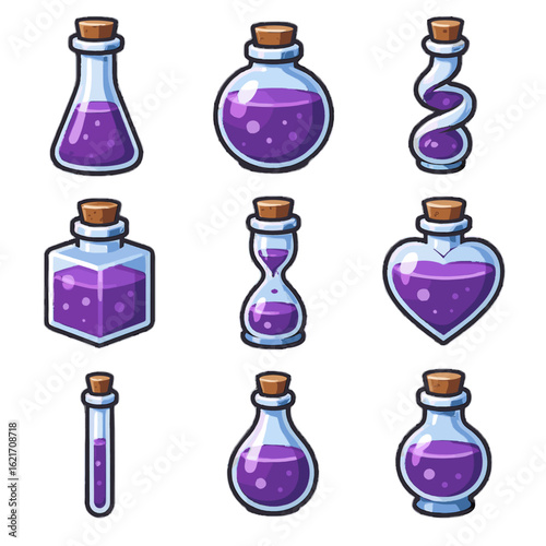 Jar bottle hourglass container vector potion vial teardrop tiny icon collection
