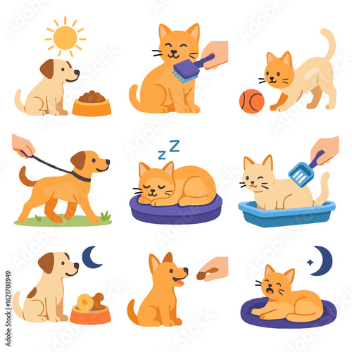 Pet snack vector training icon time routine short session icons cleaning walk