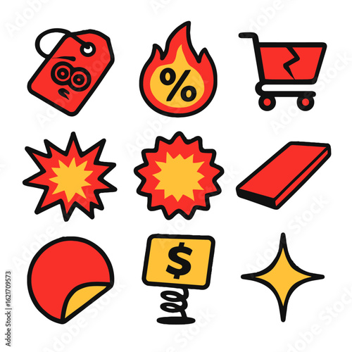 Offers sticker dizzy fire badge insane shelf vector spark label red icon