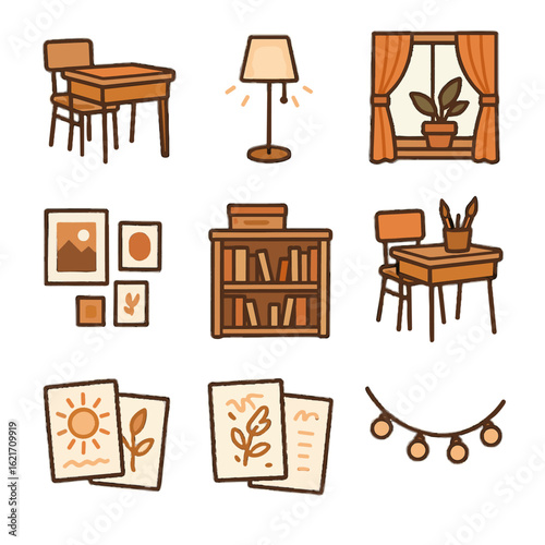 Classroom desks windowsill cozy vectors icon vector plant cups book hanging lighting