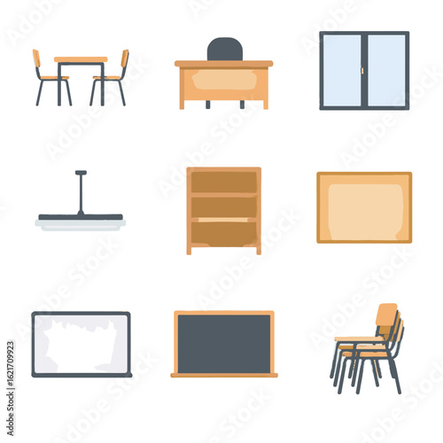 Lights icon teacher vector whiteboard untouched empty desks classroom chairs bulletin