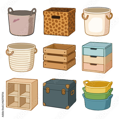 Bins box icon storage collection pastel hamper tub fabric vector cubby wooden
