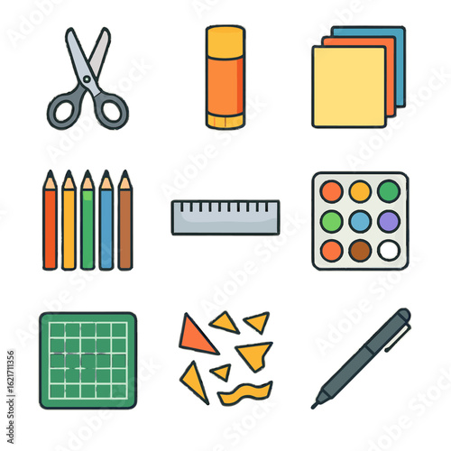 Supplies grid vector drawing cutting ruler icon paper palette scissors craft glue