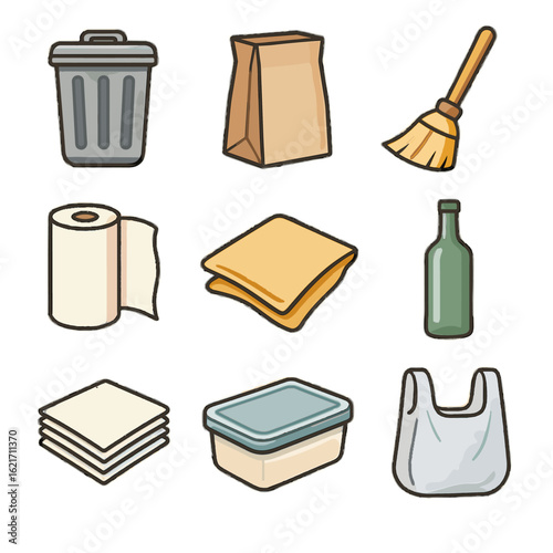 Icon tools vector cleanup party leftovers bottle box table bin paper pile