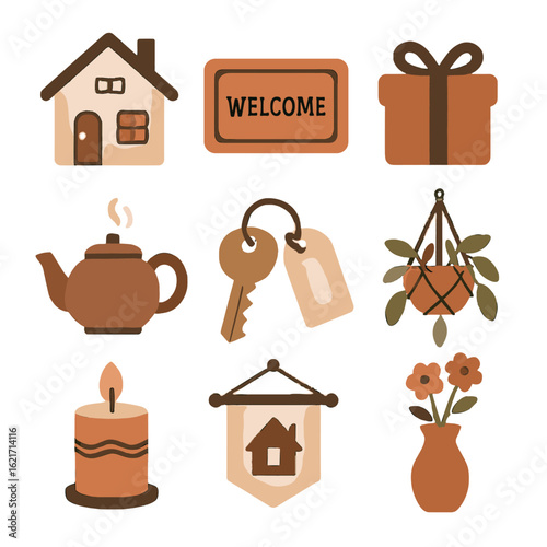 Flower vector hanging icon housewarming set house mat steaming gift welcome vase