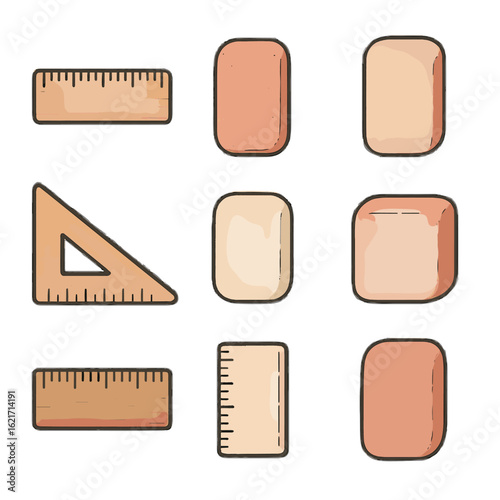 Antique ruler vector wooden triangle vintage faded sketched icon eraser block