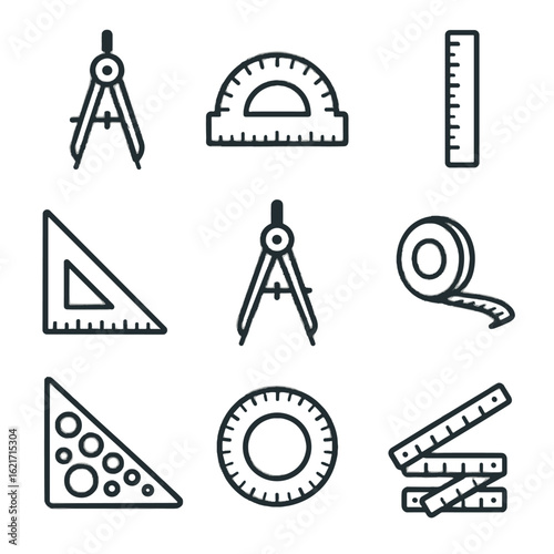 Vector measuring circular math square template folding divider instruments icon grid ruler