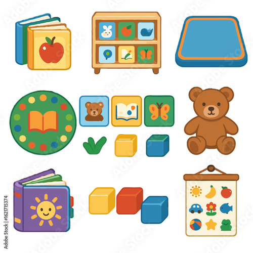 Reading labels icon shelf board essentials chart reader early books vector storytime