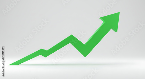 A dynamic 3D green arrow graph showing upward momentum. A conceptual graphic for business growth, stock market success, and positive trends.