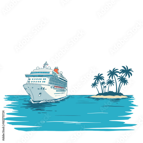 A cruise ship sails on blue water towards a small tropical island with palm trees.