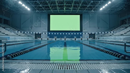 Indoor natatorium with competition lanes and a blank chroma key screen ready for advertising or scores.