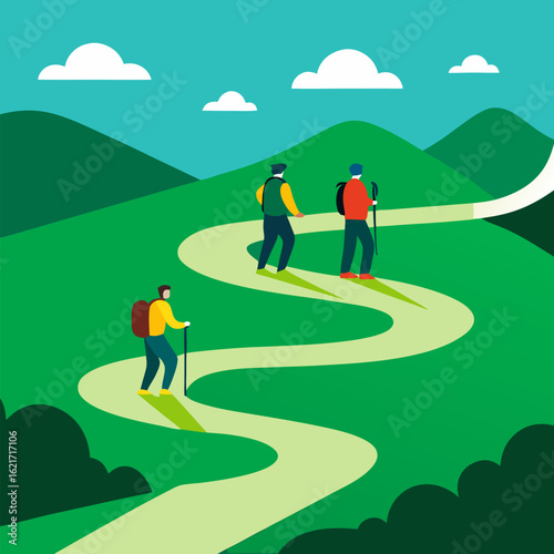 Three hikers ascend a winding stone path through a green mountain landscape background.